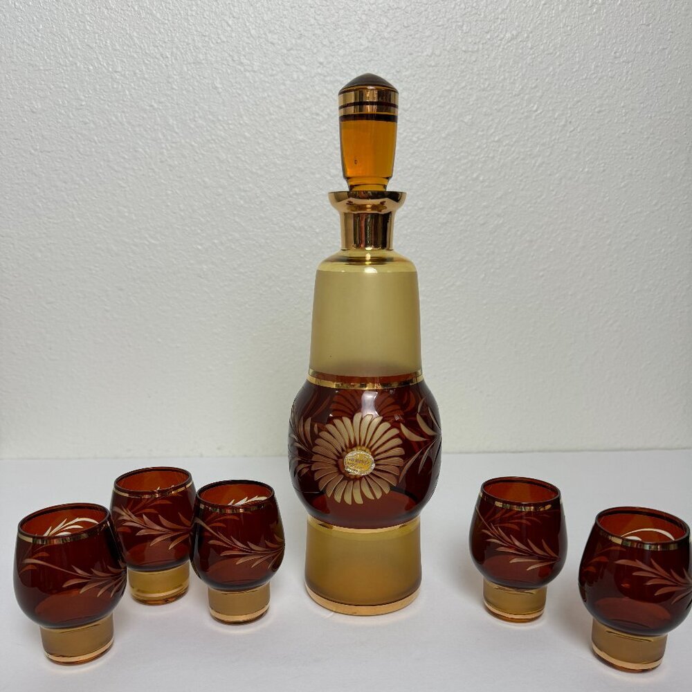 OLD Genuine Bohemia Amber Cut Glass 24K Gold Vodka Set of 6